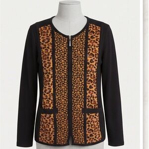 Misook S Women's Leopard Print Zip Front Knit Jacket‎ Black Brown Small RV $399